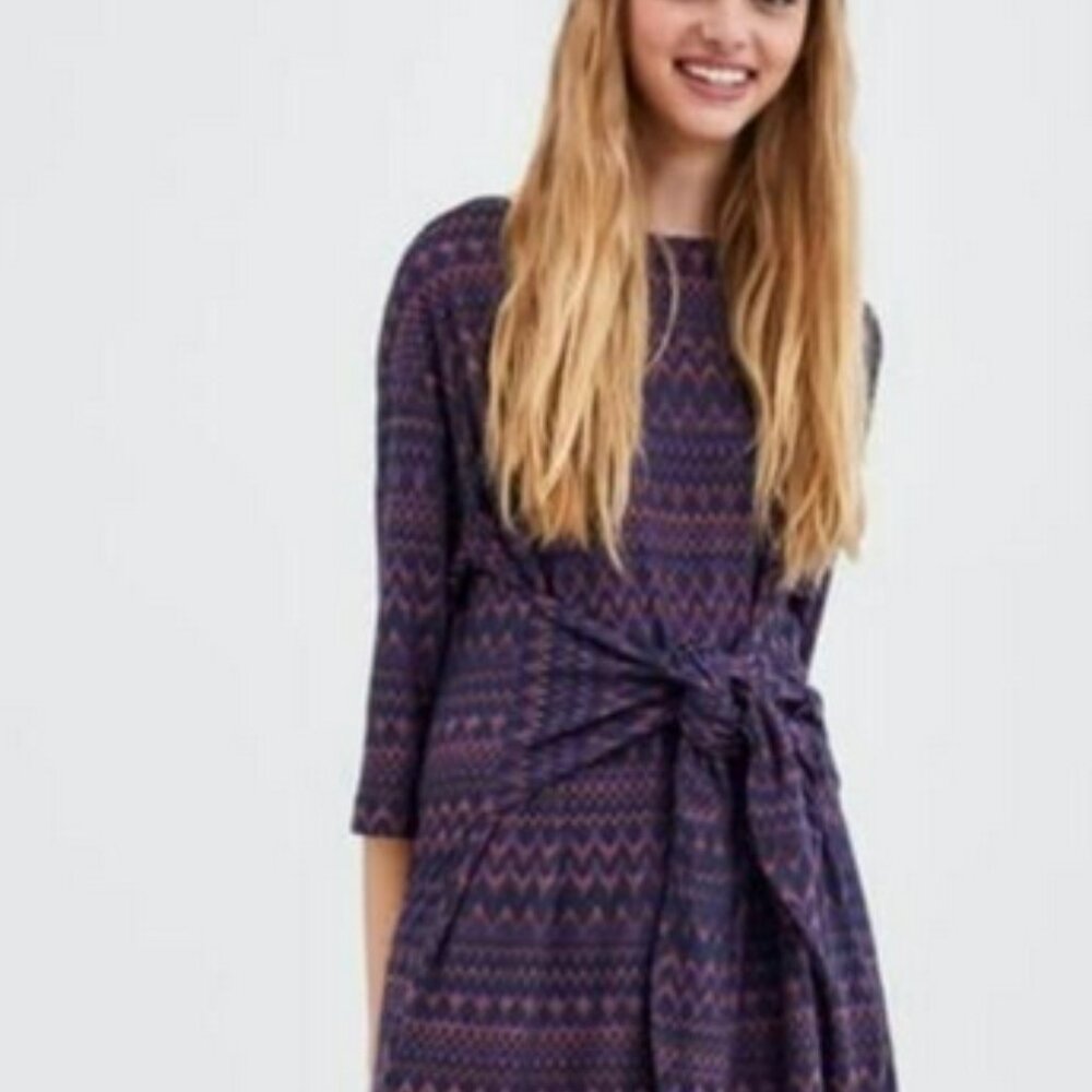 Zara Knit Midi Dress Chevron ZigZag Print Tie Front 3/4 Sleeve Boho Chic, Medium